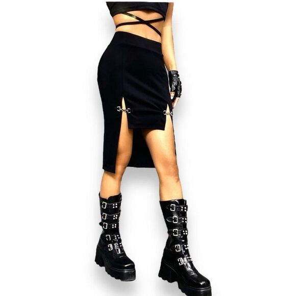 Black Silver Hinge Fitted High Low Skirt NEW
